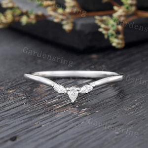 Vintage Moissanite wedding band white gold curved wedding band marquise Diamond matching band Dainty Promise Ring Anniversary gift for her