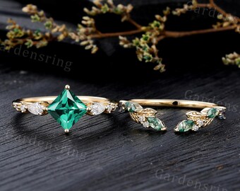 Princess Cut Smaragd Verlobungsring Set Vintage 14k Gold Marquise Schnitt Moissanit Hochzeit Band Diamant Blatt Brautring Jahrestag Geschenk