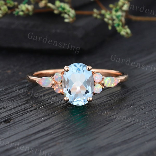 Oval cut Aquamarine ring Vintage Rose gold engagement ring Marquise cut Natural Opal ring Cluster Wedding ring Women March Birthstone ring