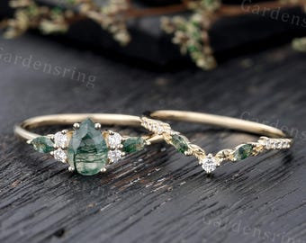 Birnenförmiger Moosachat Verlobungsring Vintage 14k Gold Marquiseschliff Blattring Moissanite Hochzeitsring Brautversprechen Jahrestag Geschenkring