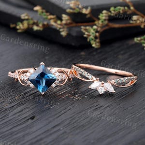 Princess cut Topaz engagement ring set rose gold marquise cut Moissanite ring Art Deco Twist teal wedding band Bridal set Anniversary ring