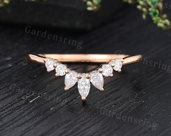 Marquise cut Moissanite curved wedding band Vintage Rose gold Diamond matching band Dainty Promise Gift Marriage Anniversary wedding ring.