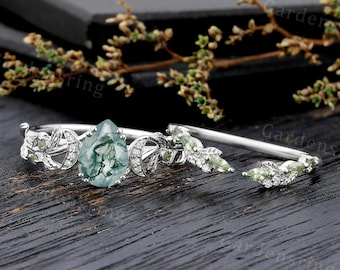 Conjunto de anillo de compromiso de ágata musgosa en forma de pera, oro blanco, zafiro azul verdoso talla marquesa, alianza de boda, moissanita, conjunto nupcial de hoja, aniversario