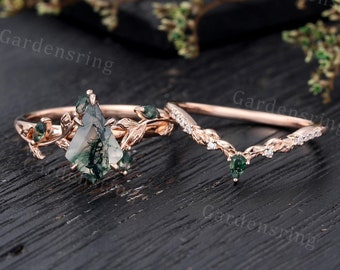 Kite cut Moss Agate engagement ring set rose gold unique marquise cut moissanite wedding ring  art deco bridal set Promise Anniversary ring