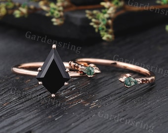 Unique Black onyx engagement ring set Rose gold kite cut moss agate wedding band Women smoky quartz band bridal set Promise Anniversary ring