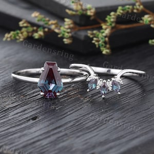 Vintage Alexandrite engagement ring set white gold Coffin cut women marquise cut moissanite wedding band solitaire ring dainty bridal set