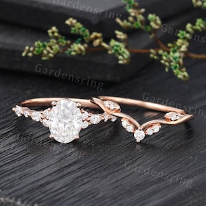 Oval Cut Moissanite Engagement Ring Set Vintage Rose Gold