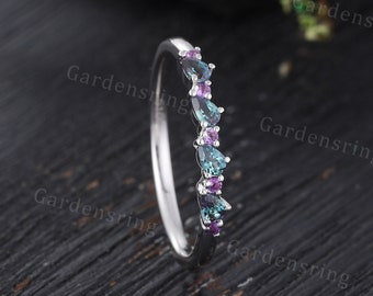 Half Eternity Pear shaped Alexandrite wedding band Dainty white Gold Moissanite diamond ring women stacking Promise Anniversary gift for her