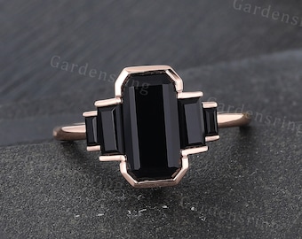 Emerald cut Black onyx engagement Unique Rose gold Black gemstone ring five stone ring women Baguette cut bridal ring Art deco promise ring