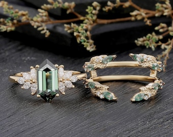 Long hexagon Green Sapphire Engagement ring set marquise cut moss agate wedding band 14k gold moissanite leaf Bridal set Anniversary gift