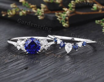 Sapphire Engagement ring set Vintage white Gold art deco Cluster Marquise moissanite diamond wedding women Bridal set promise Anniversary