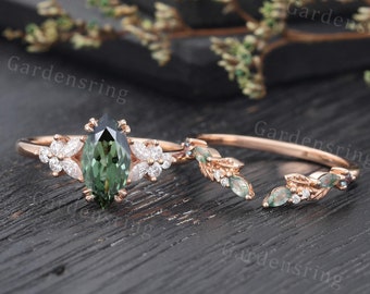 Marquise cut Green Sapphire Engagement ring set Vintage moss agate wedding band Rose gold Cluster Unique leaf Bridal set Anniversary gift