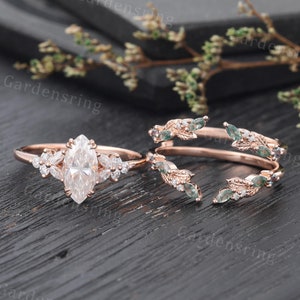 Conjunto de anillo de compromiso de moissanita talla marquesa, alianza de boda vintage de ágata musgosa, anillo realzador de oro rosa, conjunto nupcial único con diseño de hojas, regalo de aniversario