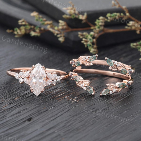 Anillo de compromiso de moissanita con corte marquesa, alianza de boda vintage de ágata musgosa, banda realzadora de oro rosa, conjunto nupcial de hoja única, regalo de aniversario