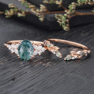 Oval Moss Agate Engagement ring set Vintage marquise moissanite wedding band Rose gold Cluster Unique diamond Bridal set Anniversary gift