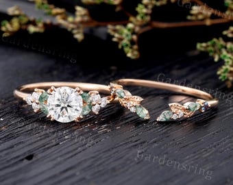 Round cut Moissanite Engagement ring set Vintage moss agate wedding band Rose gold Unique lab diamond ring leaf Bridal set Anniversary gift