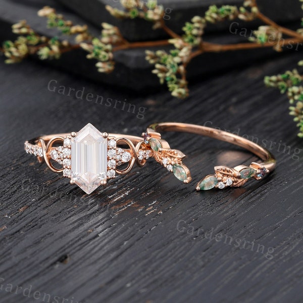 Long hexagon cut Moissanite engagement ring set vintage moss agate engagement ring Rose gold CZ Diamond ring Art Deco bridal set Anniversary