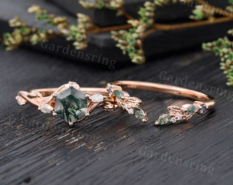 Hexagon cut Moss Agate engagement ring Set Rose gold Branch ring Marquise cut moissanite wedding band art deco leaf ring promise bridal set