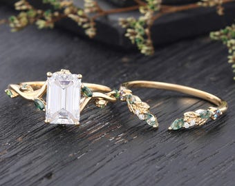 Emerald cut Moissanite engagement ring set 14k gold vintage moss agate wedding band marquise cut blue green sapphire bridal set Anniversary