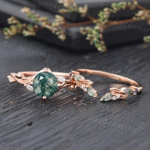 Moss Agate engagement ring set rose gold moissanite ring unique marquise cut moss agate wedding band diamond bridal set Anniversary ring