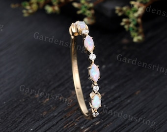 Marquise cut Opal wedding band Half Eternity Moissanite wedding band 14k gold Stacking Matching Promise Marriage Anniversary wedding ring
