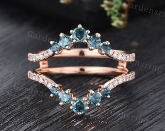 Blue Green Sapphire wedding band Rose Gold vintage moissanite Curved wedding band women Diamond double band stacking matching enhancer ring.