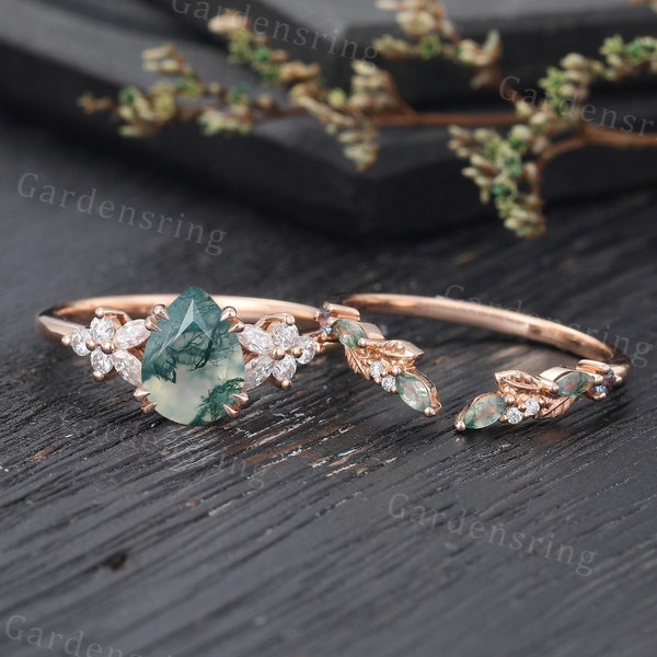 Conjunto de anéis de noivado em formato de pera, ágata musgosa, aliança de casamento vintage em moissanite com lapidação marquise, conjunto exclusivo de ouro rosa para presente de aniversário