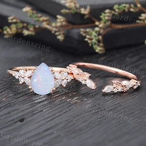 Tropfenförmiger Opal Verlobungsring Set Vintage Marquise Schnitt Moissanit Hochzeitsring Rosegold Cluster Unikat Blatt Hochzeitsring Jahrestagsring