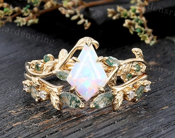 Kite cut Opal engagement ring set vintage 14k gold marquise cut Moss Agate wedding band moissanite leaf bridal set promise anniversary ring