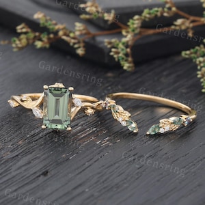 Emerald cut Green Sapphire engagement ring set 14k gold vintage moss agate wedding band marquise cut diamond bridal promise Anniversary ring