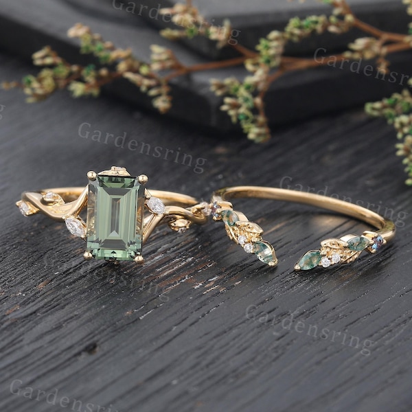Smaragdschliff grüner Saphir Verlobungsring 14k Gold Vintage Moosachat Ehering Marquiseschliff Diamant Brautversprechen Jahrestag Ring