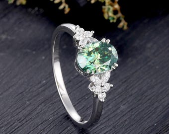 Oval cut Green Moissanite Engagement ring vintage white gold moissanite engagement ring marquise cut Diamond ring Bridal Anniversary gift
