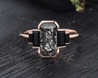 Emerald cut Black rutilated quartz ring Unique Rose gold engagement ring Baguette cut Black onyx ring Black gemstone ring women promise ring
