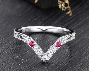 Vintage moissanite curved wedding band  white gold Filigree ring matching band Minimalist ruby wedding band diamond bridal Anniversary gift