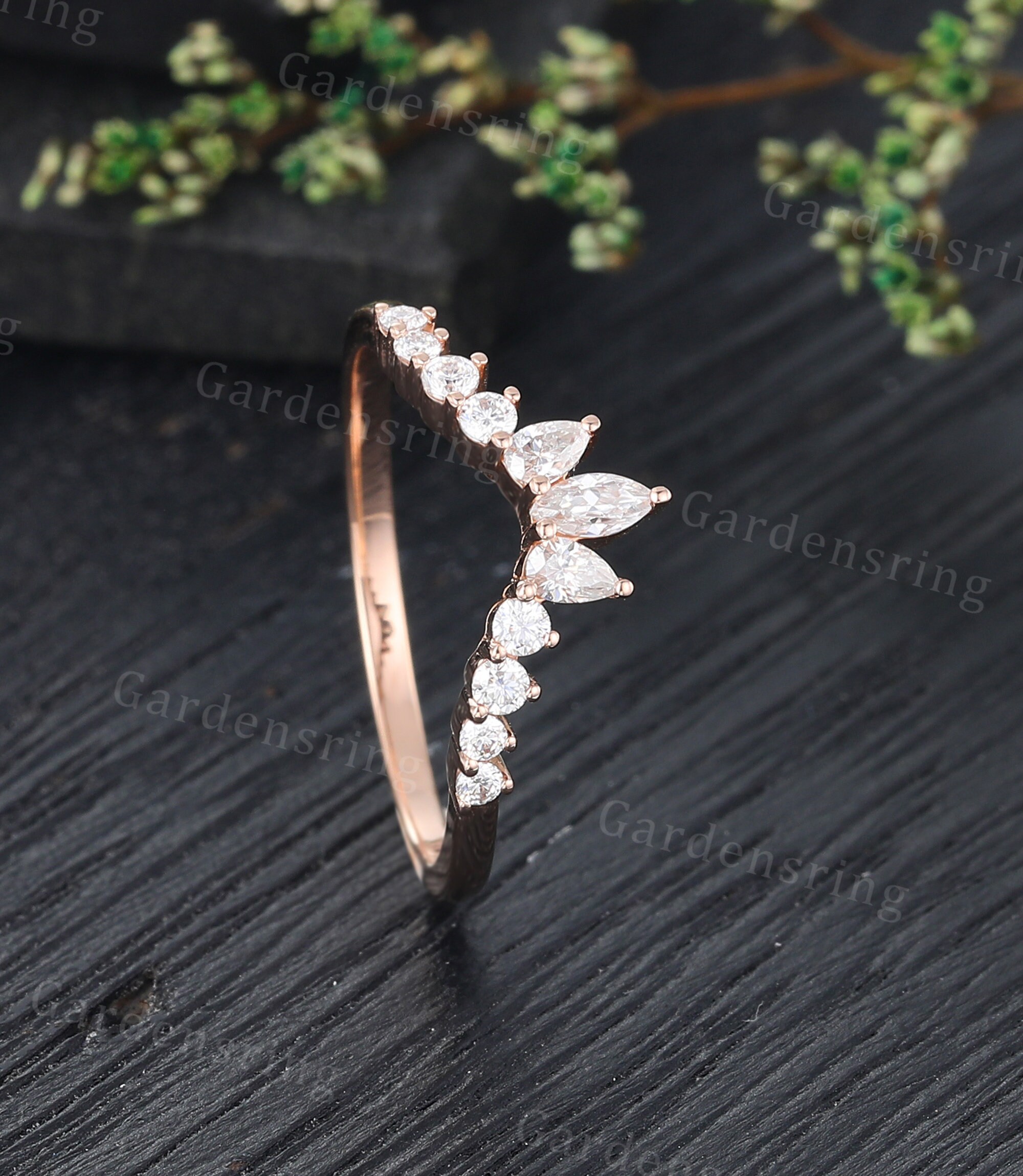Marquise Cut Moissanite Curved Wedding Band Vintage Rose Gold Half ...