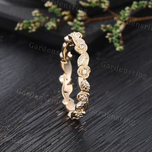 Vintage Solid 14K Yellow Gold Floral Wedding Band Full Eternity Diamond ...
