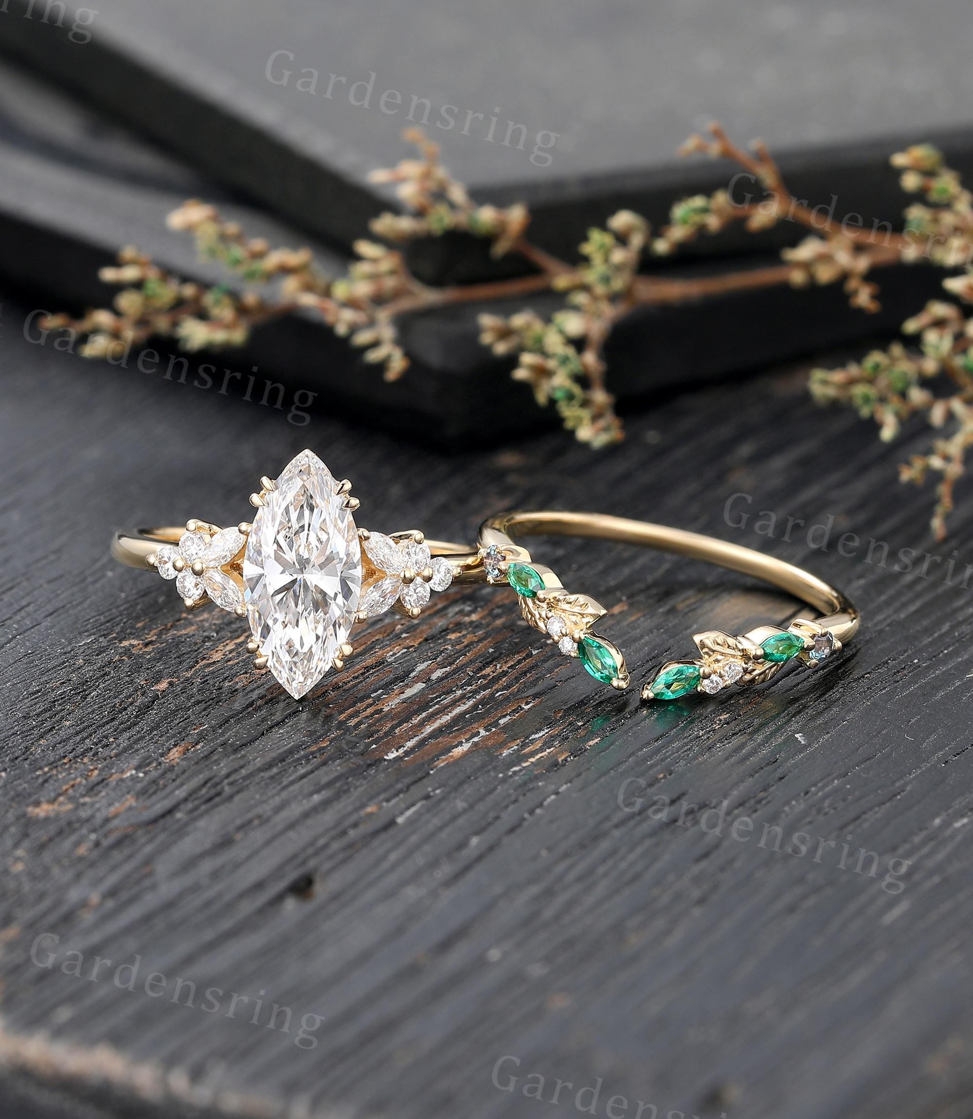 1.5ct Marquise Cut Lab Diamond Engagement Ring Set Vintage 14k Gold ...