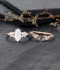 Marquise cut Moissanite Engagement ring set Vintage moss agate wedding band Rose gold Cluster shank Unique leaf Bridal set Anniversary gift