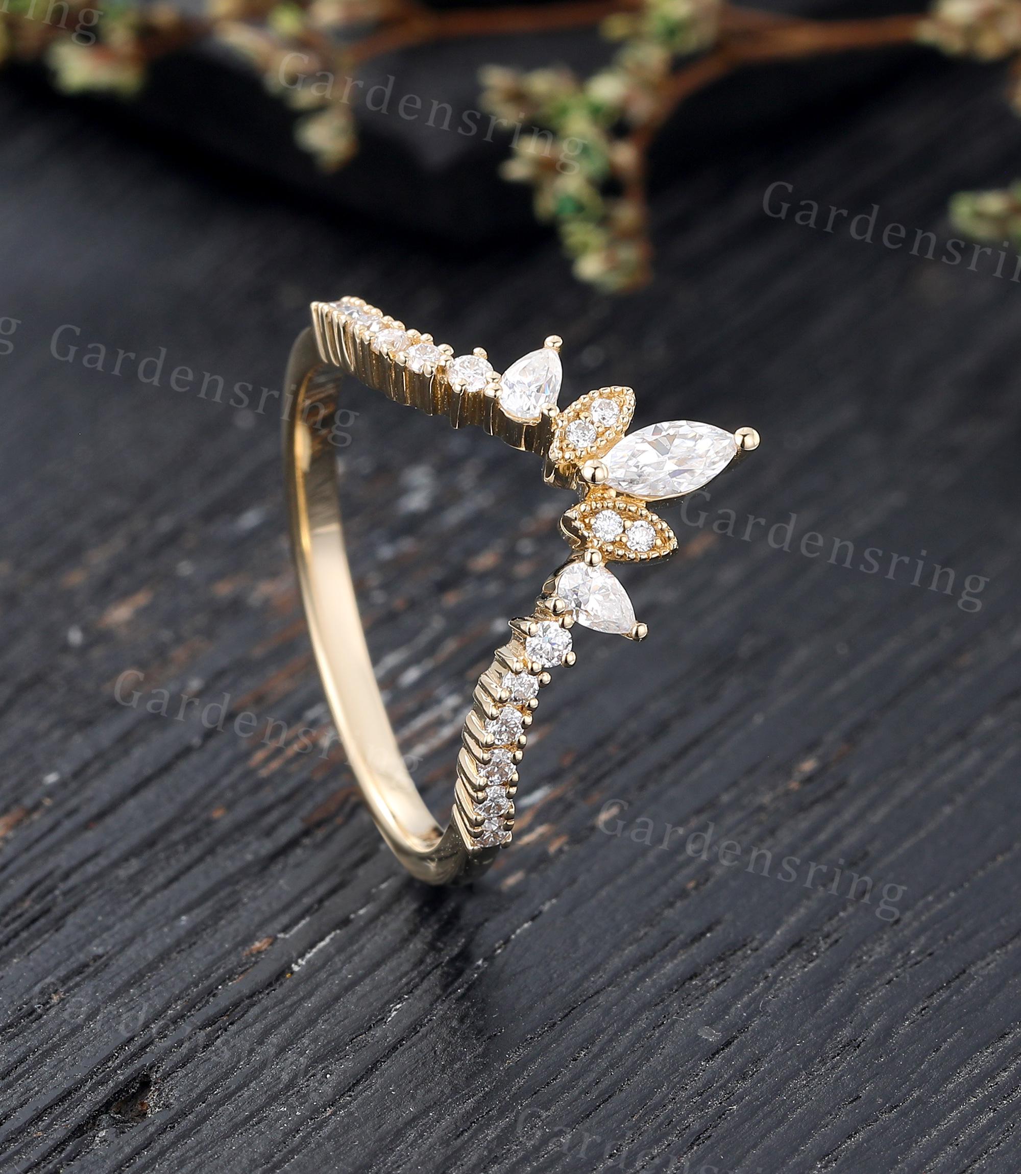 Marquise Cut Moissanite Wedding Band Unique Solid 14k Gold Curved ...