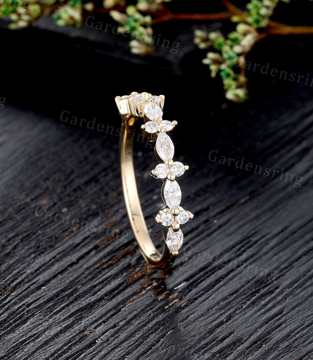 Marquise Cut Moissanite Wedding Band Yellow Gold Stacking Matching Half ...