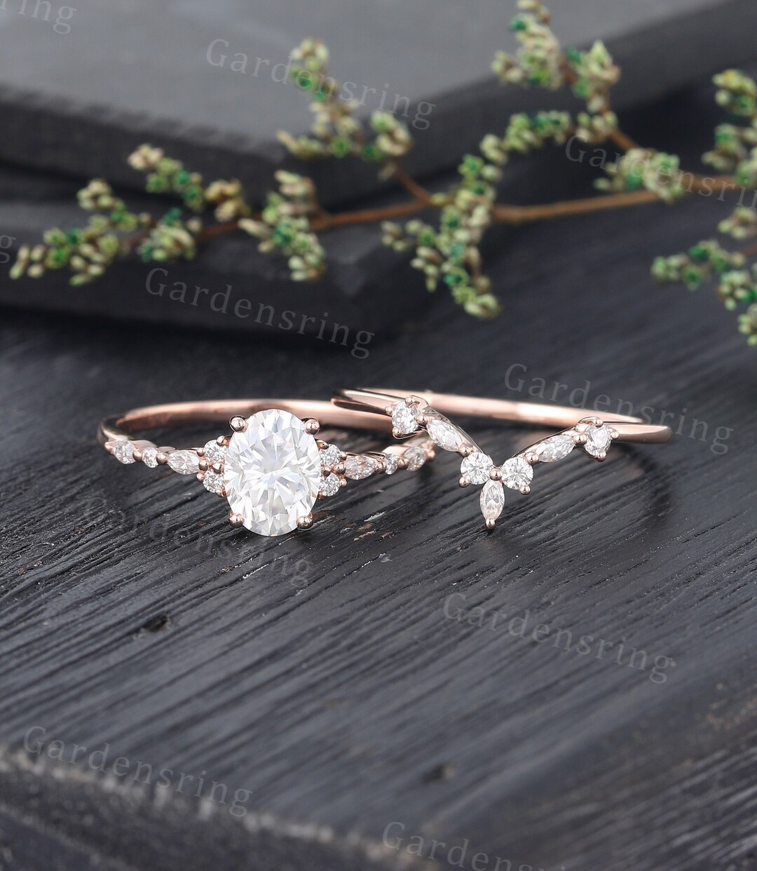 Oval Cut Moissanite Engagement Ring Set Vintage Rose Gold