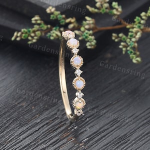 Milgrain Opal wedding band Half Eternity Moissanite wedding band solid gold Stacking Matching ring Promise Marriage Anniversary wedding ring