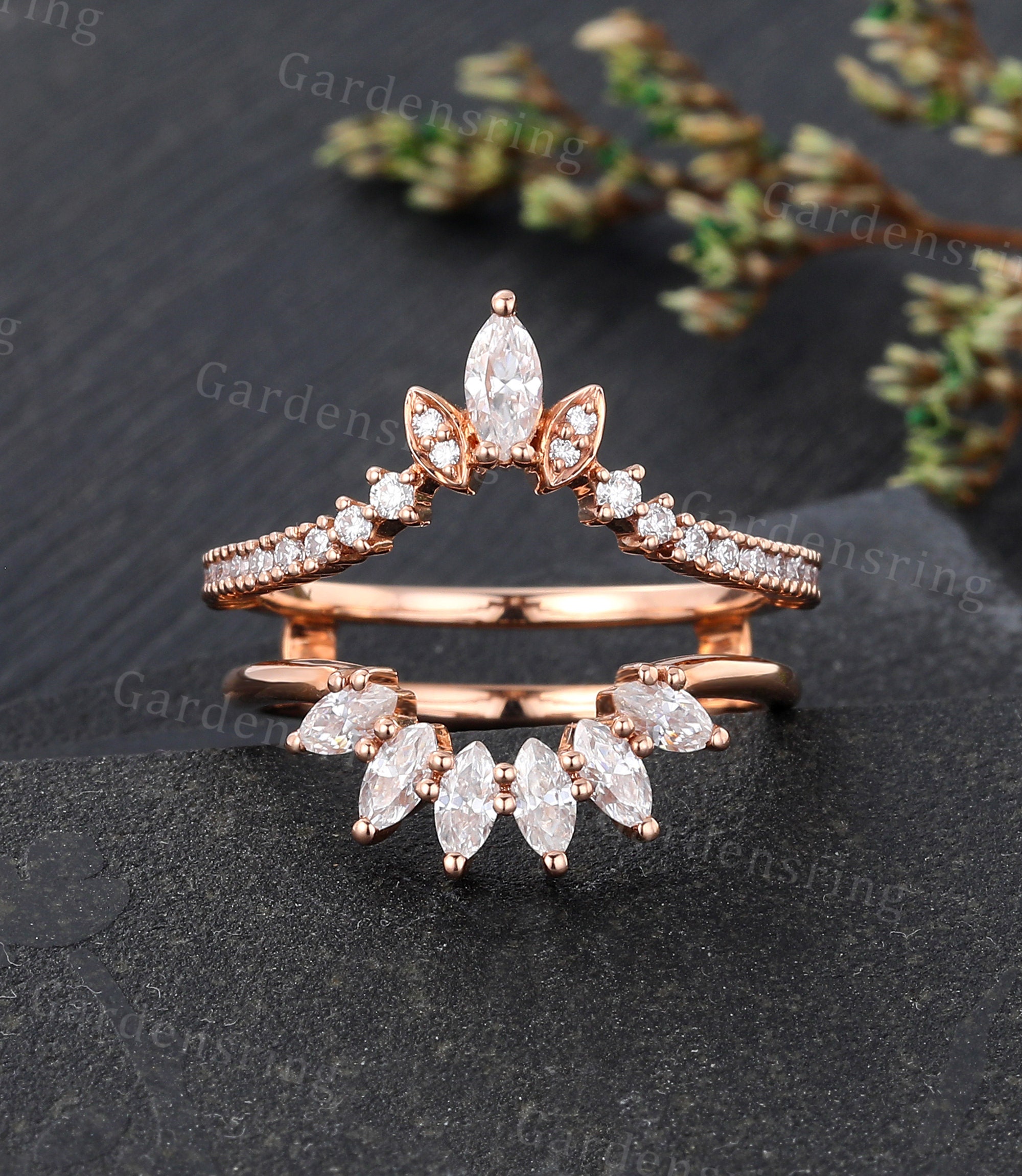 Marquise Cut Moissanite Wedding Band Vintage Rose Gold Enhancer Ring ...