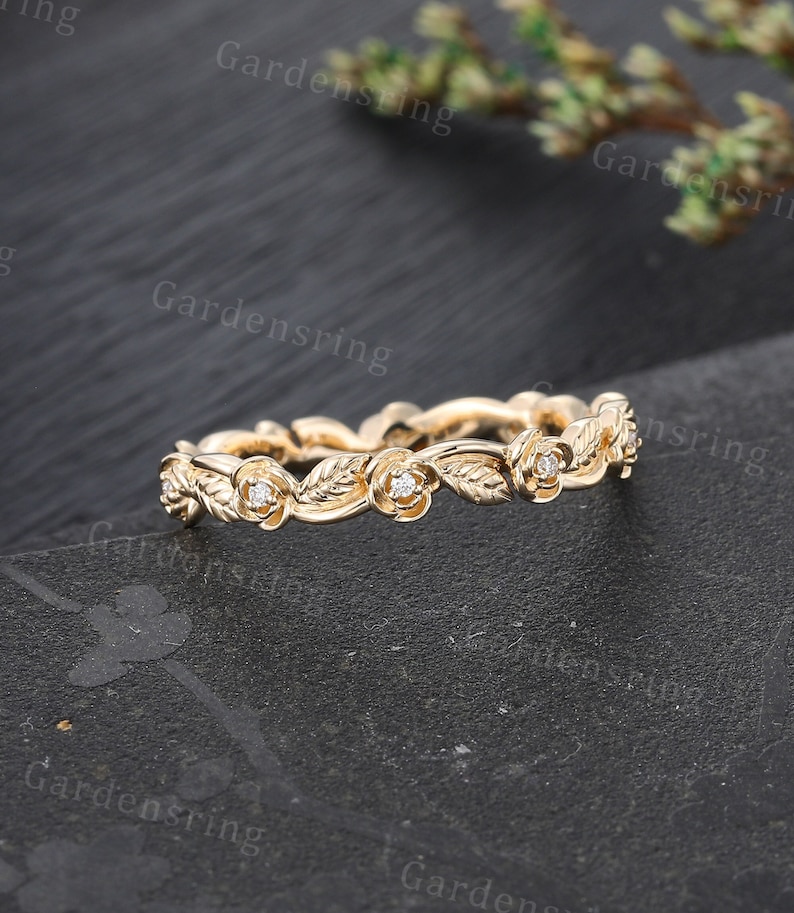 Vintage Solid 14K Yellow Gold Floral Wedding Band Full Eternity Diamond ...
