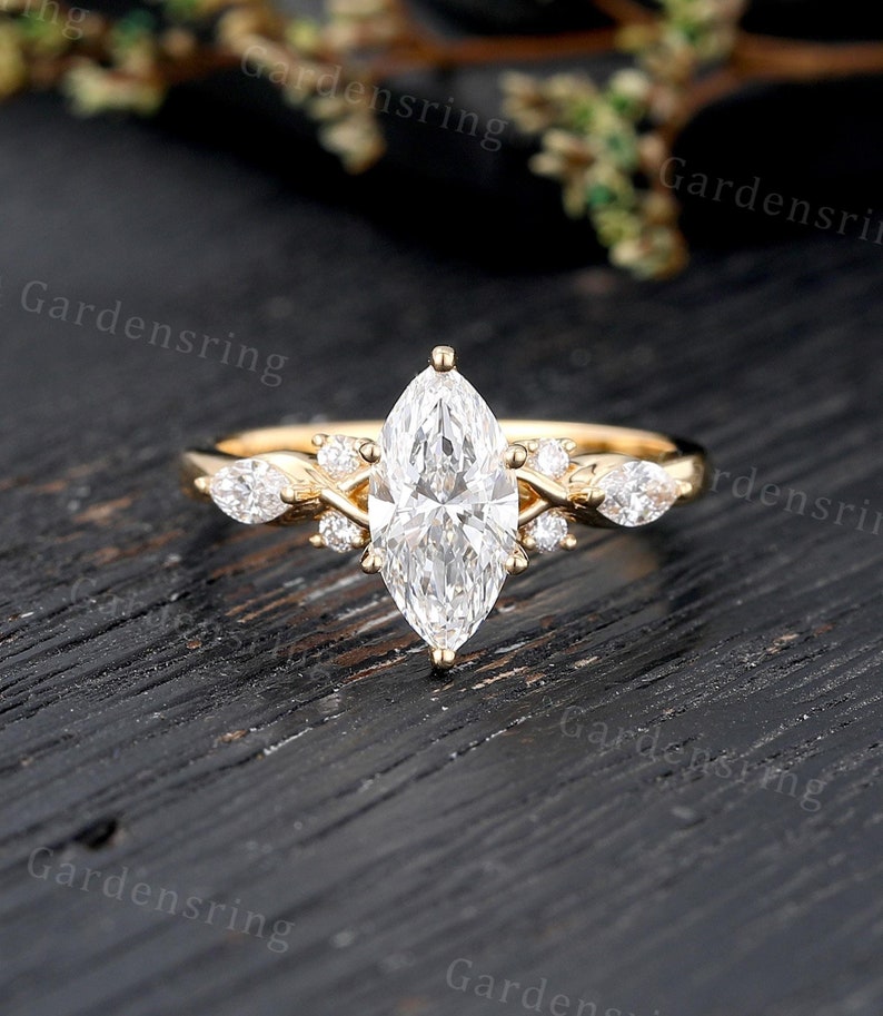 Marquise Cut Lab Grown Diamond Engagement Ring Vintage Solid Gold ...