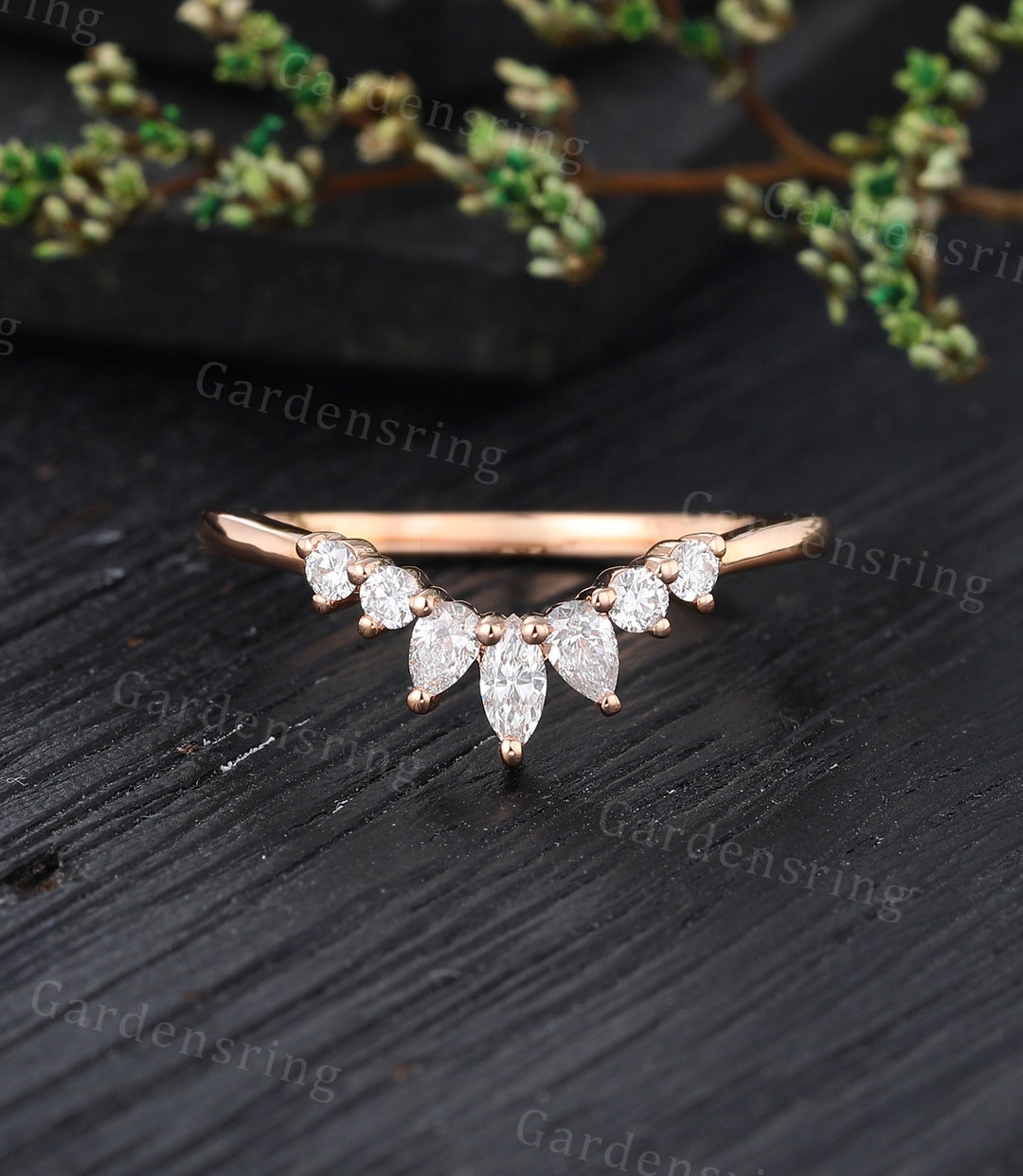 Marquise Cut Moissanite Curved Wedding Band Vintage Rose Gold Diamond ...