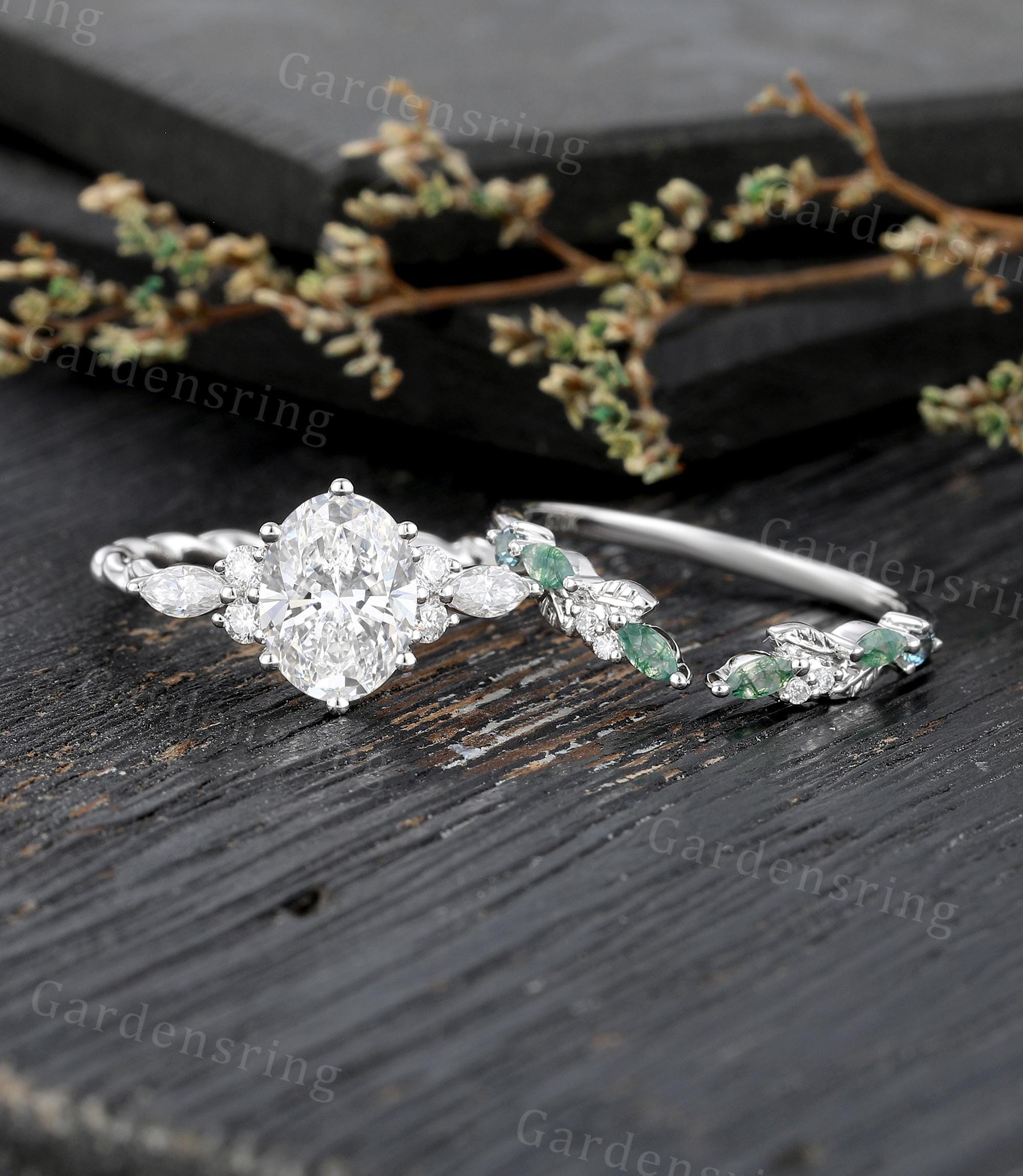 Oval Cut Moissanite Engagement Ring Set Vintage White Gold Marquise Cut ...
