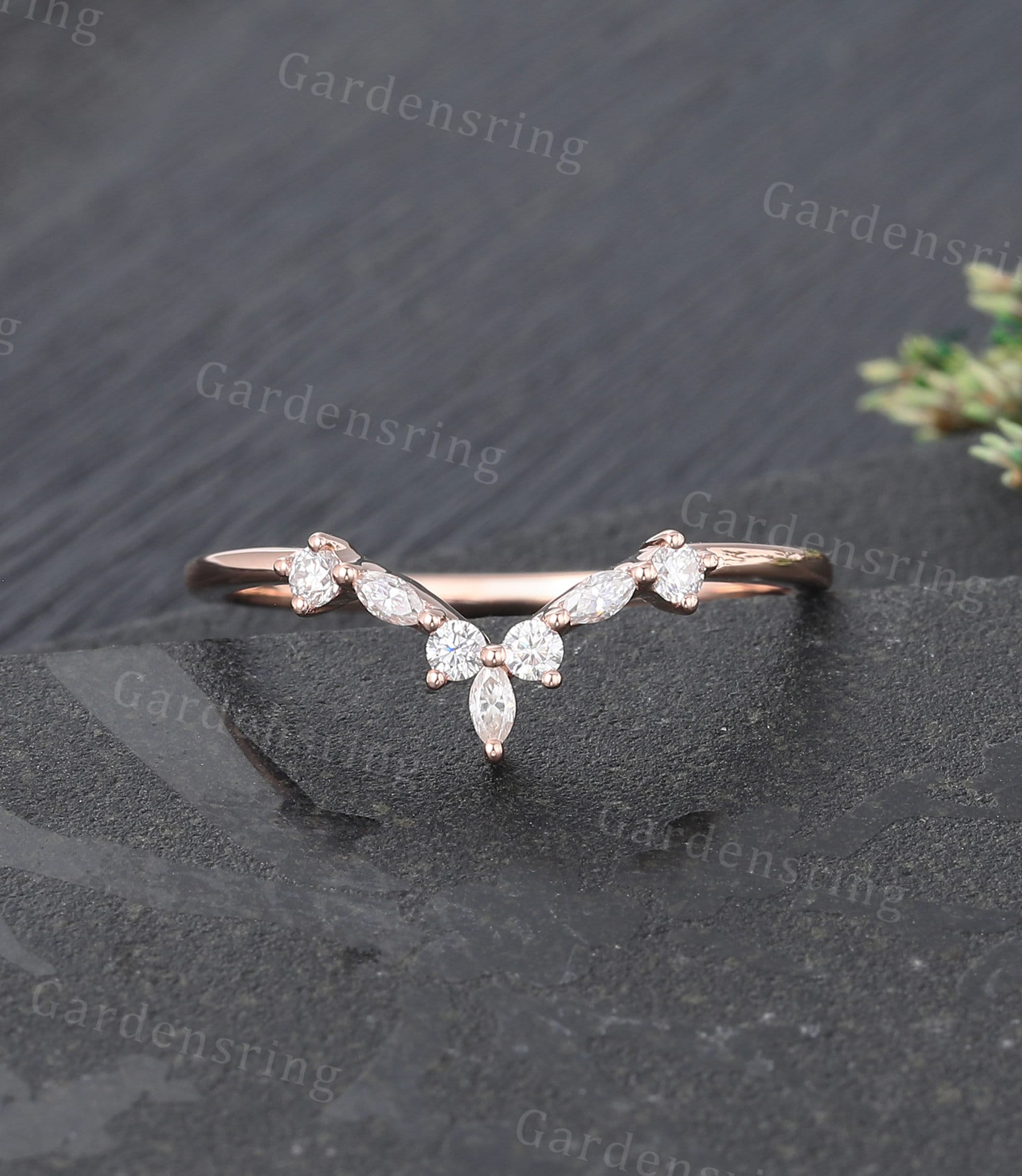 Marquise Moissanite Curved Wedding Band Vintage Rose Gold Diamond Band ...
