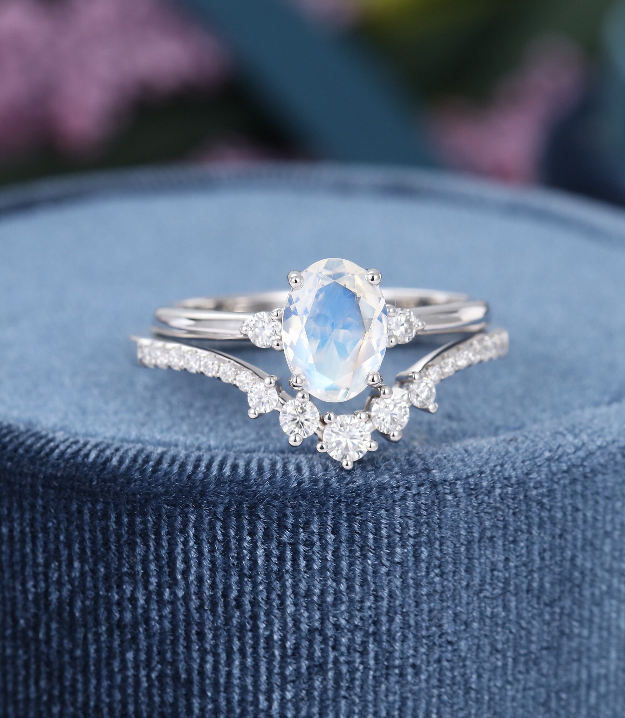 Oval cut Moonstone engagement ring set white gold Unique | Etsy