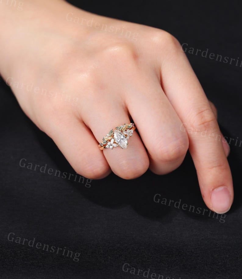 Marquise Cut Lab Diamond Engagement Ring Set Vintage Solid 14k Gold ...